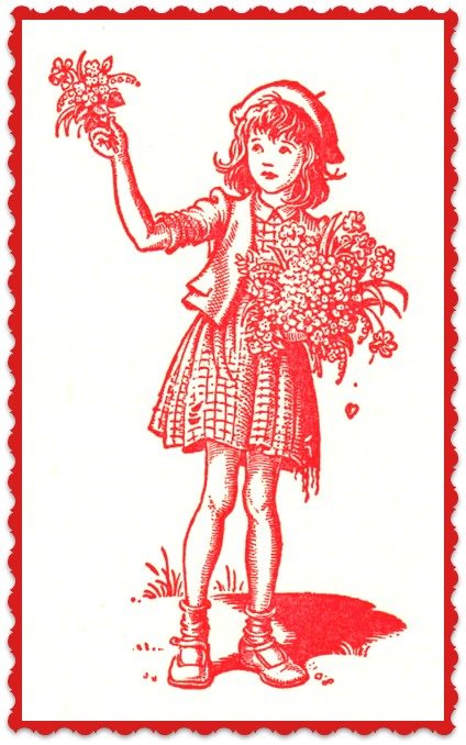 Textiel Transfer "Meisje Met Bloemen Rood", afm. ± 6 x 8 cm
