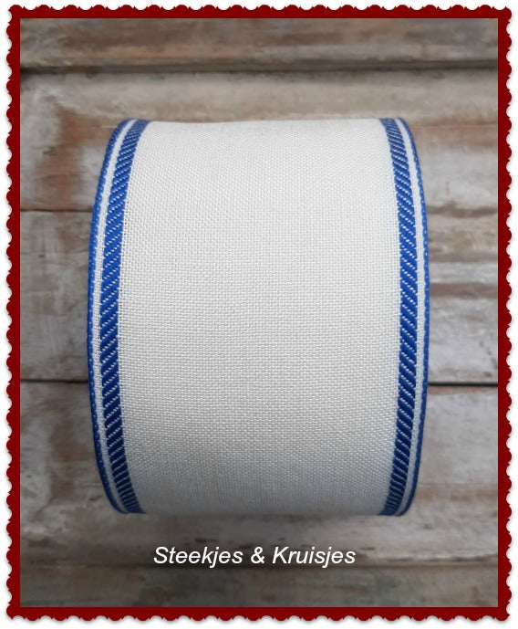 <tc>100 mm Wide Banding  White With Blue Deco Border.</tc>