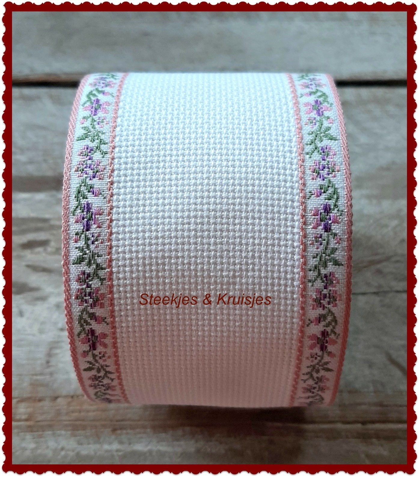 <tc>Aida Embroidery Banding Cotton, 60 mm Wide With Pink Flower Border.</tc>