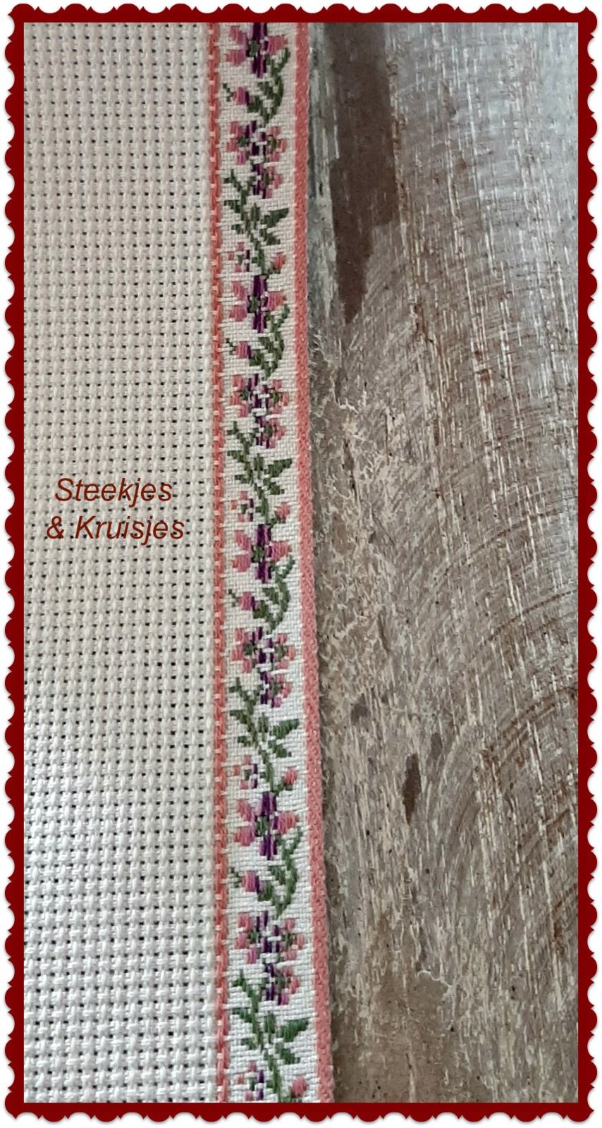 <tc>Aida Embroidery Banding Cotton, 60 mm Wide With Pink Flower Border.</tc>