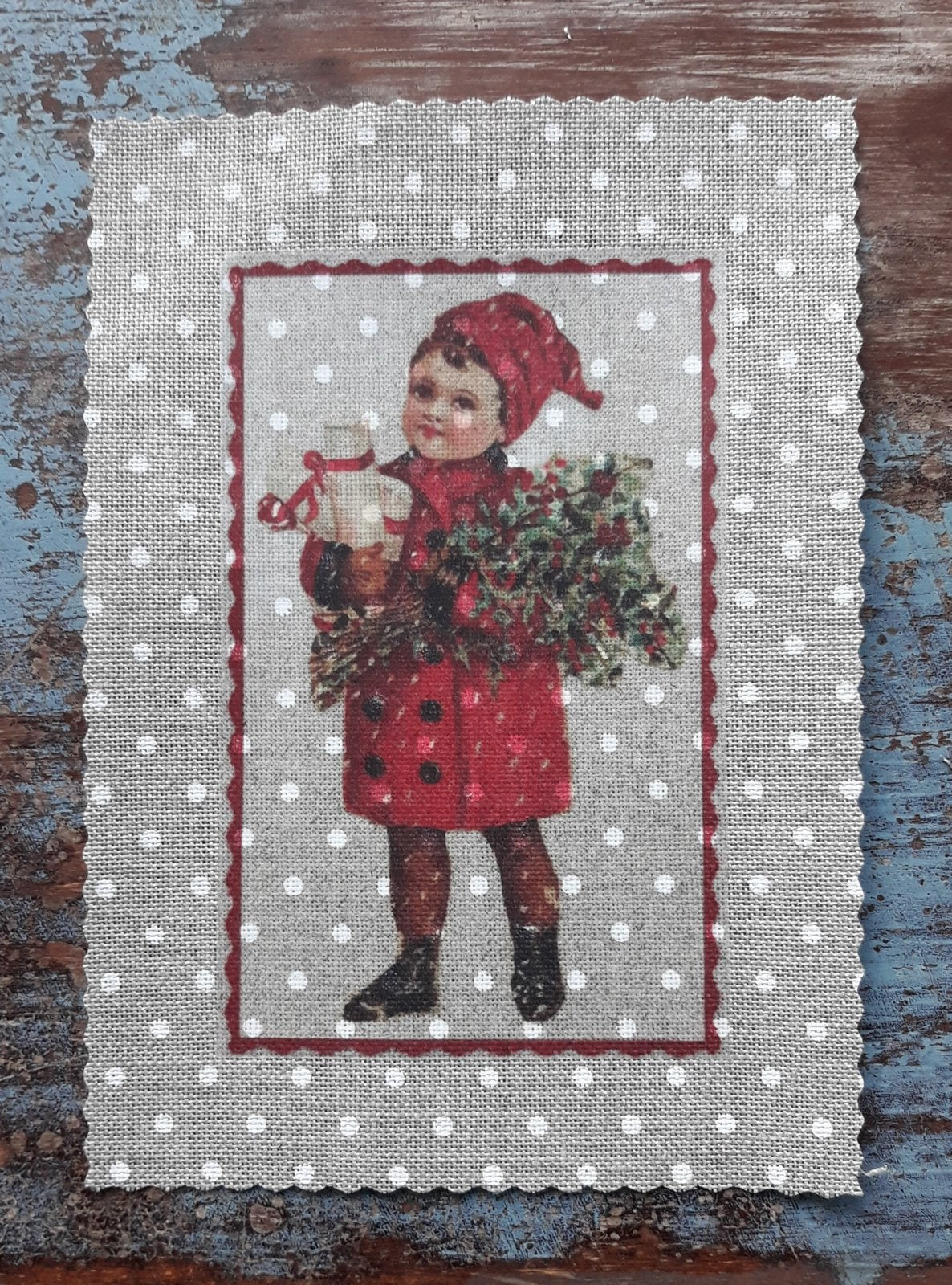 Transfer Boy With Red Jacket And Hat Polka Dot ± 9 x 13 cm